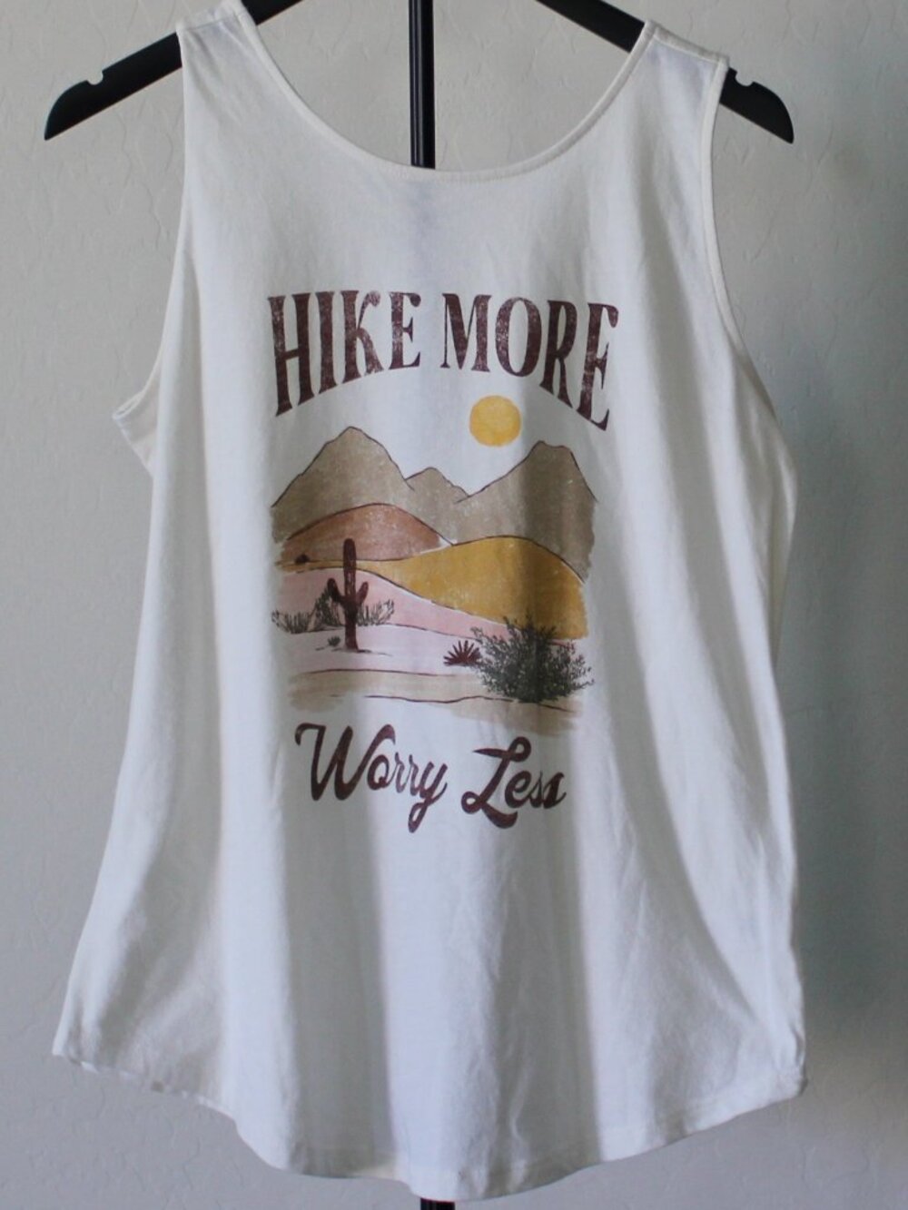 “Hike More Worry Less” Graphic Tank Top – White Criss Cross Back – Size M